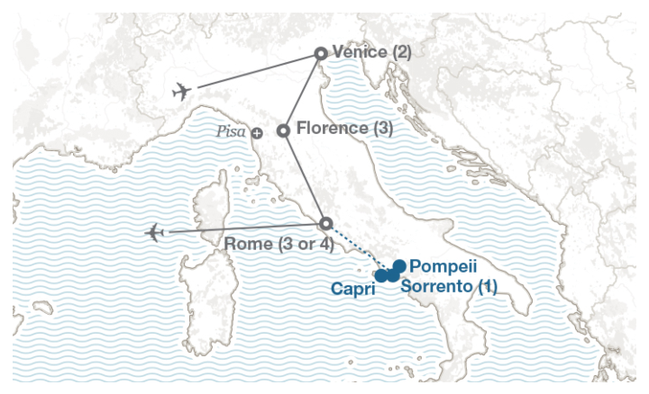 Image displaying map describing the itinerary of the Venice, Florence & Rome tour