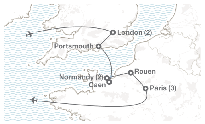 Image displaying map describing the itinerary of the WWII & the Liberation of France tour