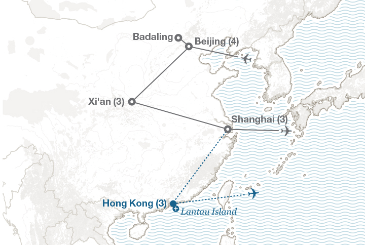 Image displaying map describing the itinerary of the Urban Environments & Culture in China tour