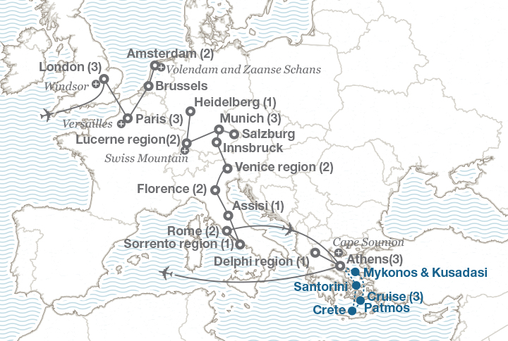 Image displaying map describing the itinerary of the Europe: The Grand Tour tour