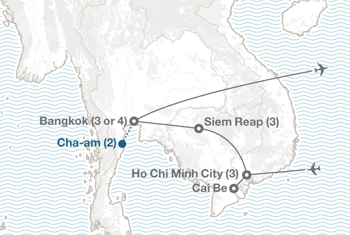 Image displaying map describing the itinerary of the Vietnam, Cambodia & Thailand tour