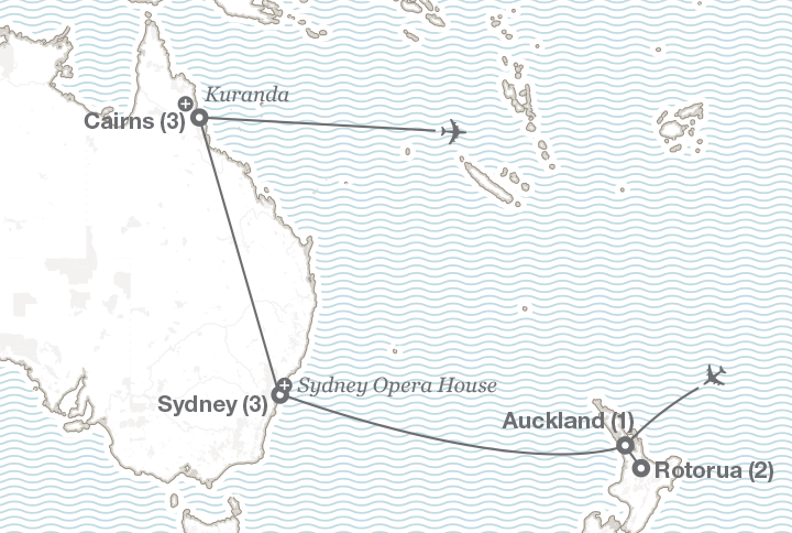 Image displaying map describing the itinerary of the Australia & New Zealand tour
