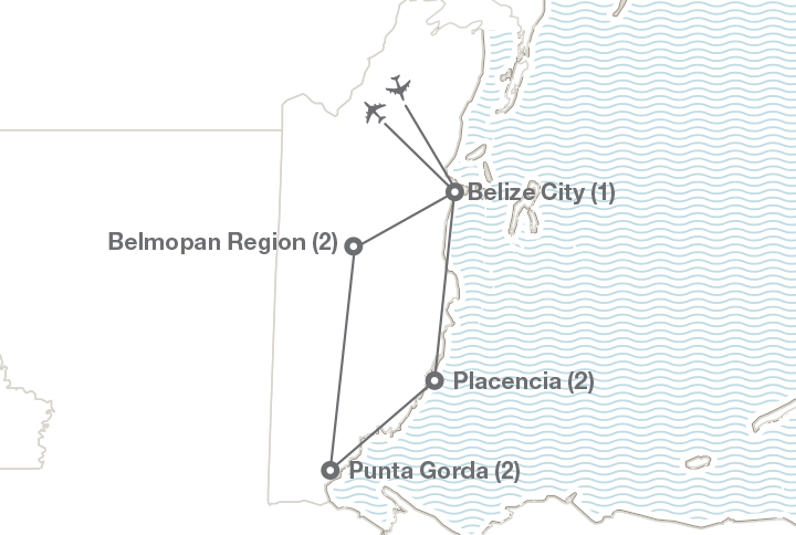 Image displaying map describing the itinerary of the Biodiversity in Belize tour