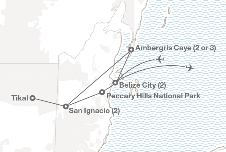 Image displaying map describing the itinerary of the Environment & Culture in Belize tour