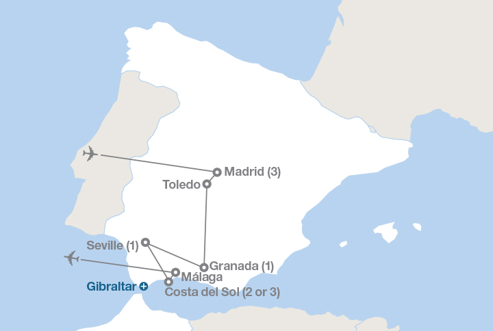Image displaying map describing the itinerary of the Adventure in Spain tour