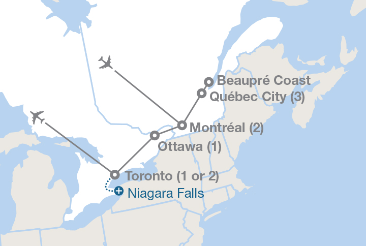 Image displaying map describing the itinerary of the Canadian Heritage tour
