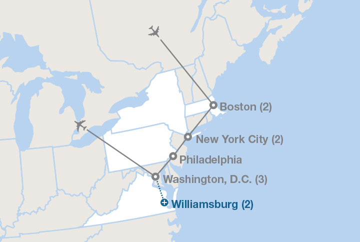 Image displaying map describing the itinerary of the Eastern Seaboard tour