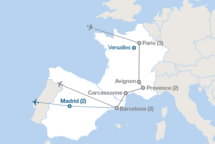 Image displaying map describing the itinerary of the Paris, Provence & Barcelona tour