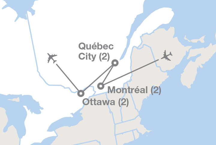 Image displaying map describing the itinerary of the Québec, Montréal & Ottawa tour