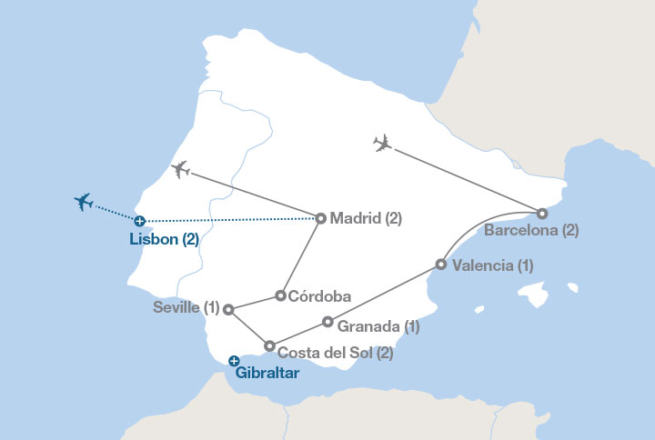 Image displaying map describing the itinerary of the Spanish Fiesta tour