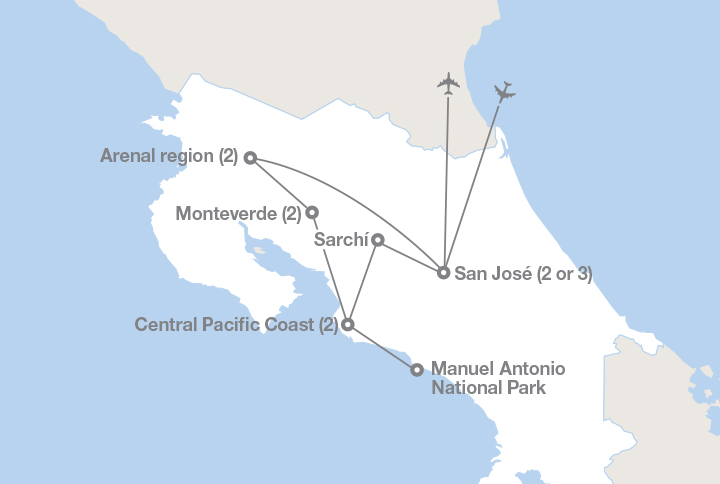 Image displaying map describing the itinerary of the Costa Rica: A Touch of the Tropics tour