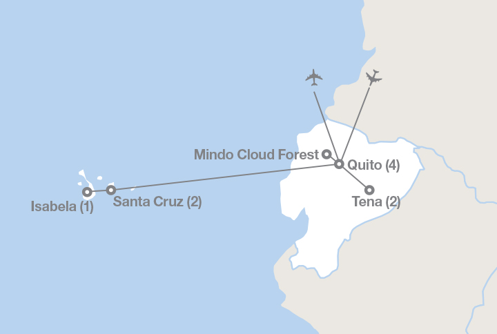 Image displaying map describing the itinerary of the Ecosystems of Ecuador tour