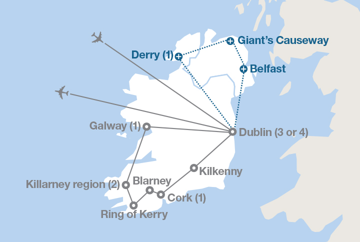 Image displaying map describing the itinerary of the The Emerald Isle  tour