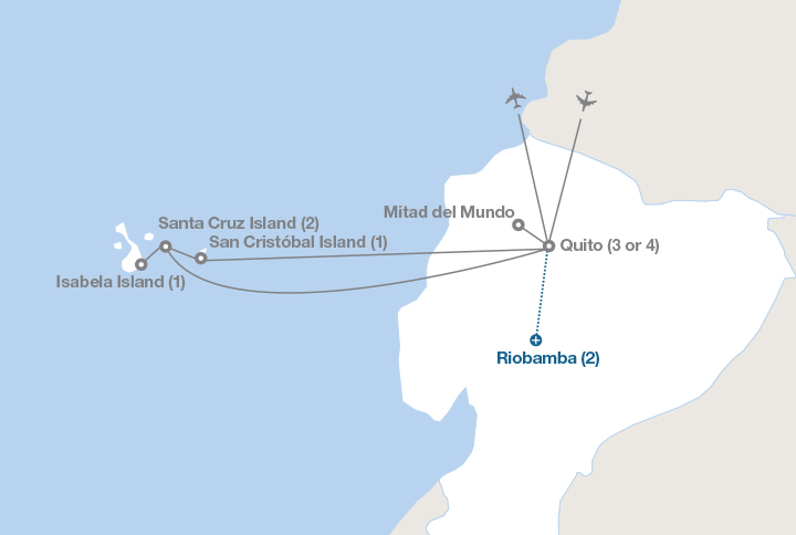 Image displaying map describing the itinerary of the Charting the Galápagos Islands tour