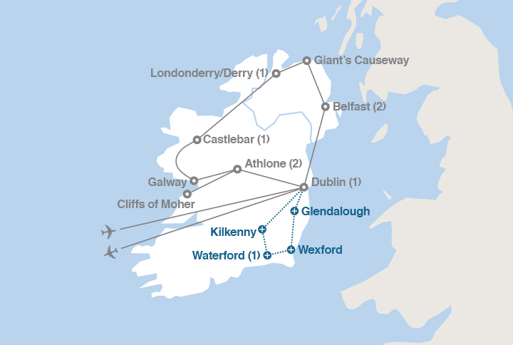 Image displaying map describing the itinerary of the Ireland in Depth tour