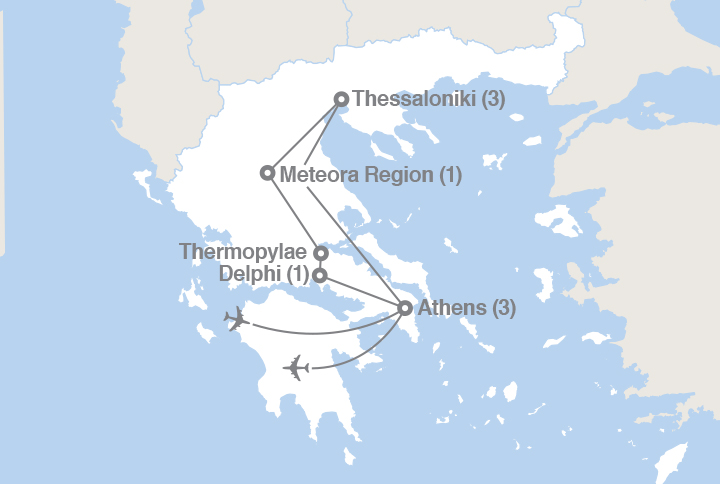 Image displaying map describing the itinerary of the Epic Greece tour