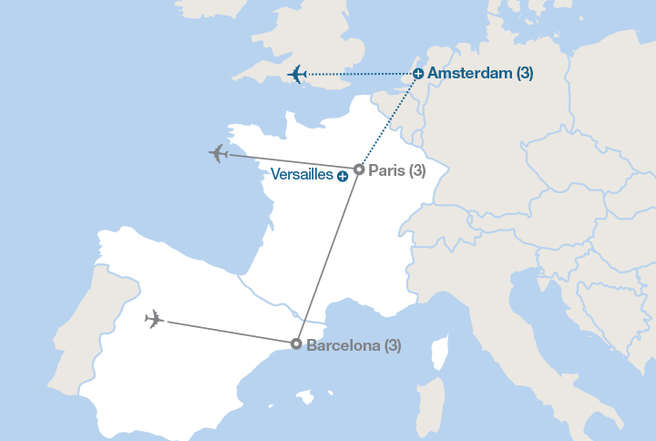 Image displaying map describing the itinerary of the Barcelona & Paris tour