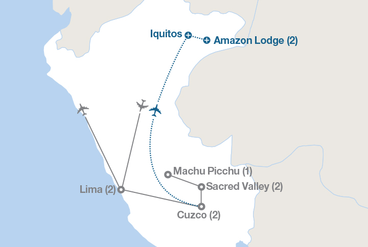 Image displaying map describing the itinerary of the Peru: Land of the Inca tour
