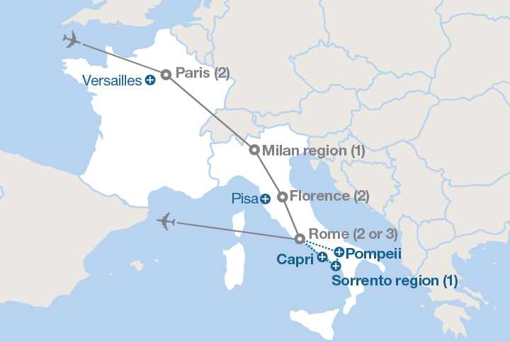 Image displaying map describing the itinerary of the Paris, Florence & Rome tour