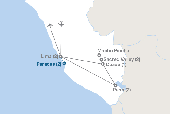 Image displaying map describing the itinerary of the Peru: Cuzco, Machu Picchu & Lake Titicaca tour