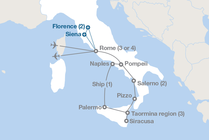 Image displaying map describing the itinerary of the From Rome to Sicily  tour