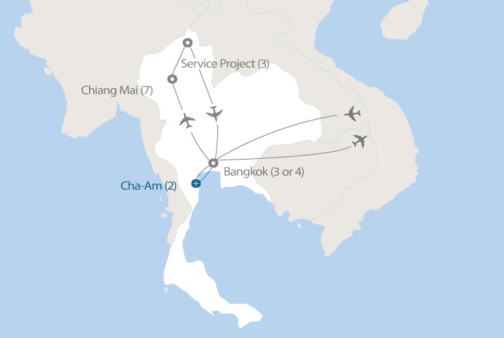 Image displaying map describing the itinerary of the Culture and Service in Thailand tour
