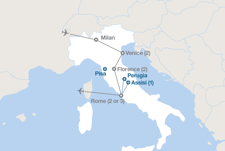 Image displaying map describing the itinerary of the Venice, Florence & Rome tour