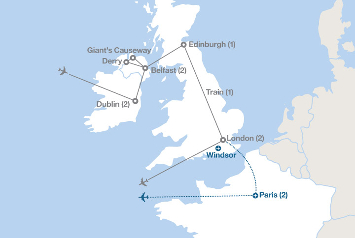 Image displaying map describing the itinerary of the Capitals of the British Isles tour
