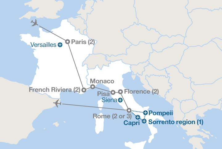 Image displaying map describing the itinerary of the Paris, the Riviera & Rome tour