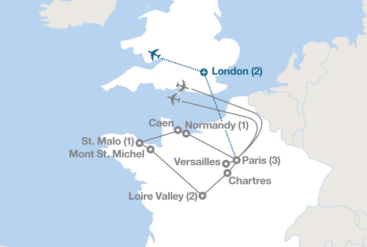 Image displaying map describing the itinerary of the Paris & the Châteaux tour