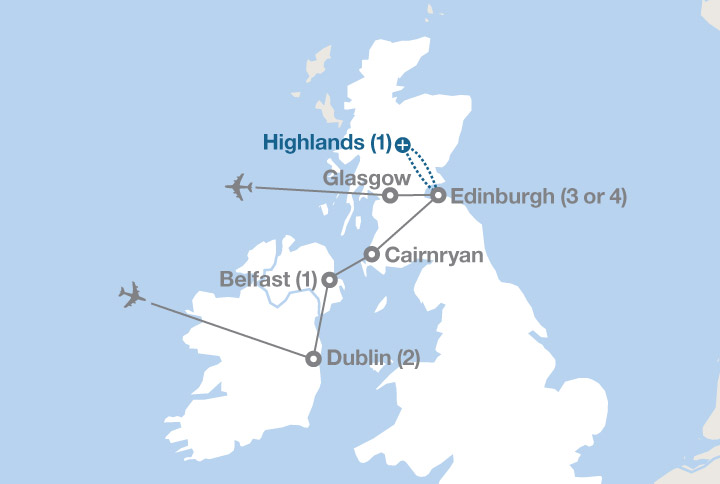 Image displaying map describing the itinerary of the Scotland & Ireland tour