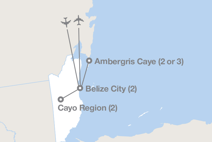Image displaying map describing the itinerary of the Adventure in Belize tour
