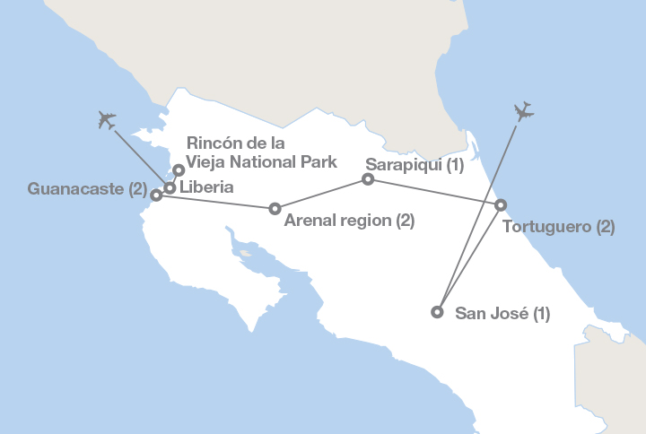 Image displaying map describing the itinerary of the Adventure in Costa Rica tour