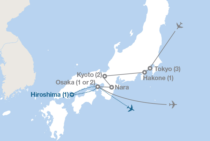 Image displaying map describing the itinerary of the Japan: Land of the Rising Sun tour