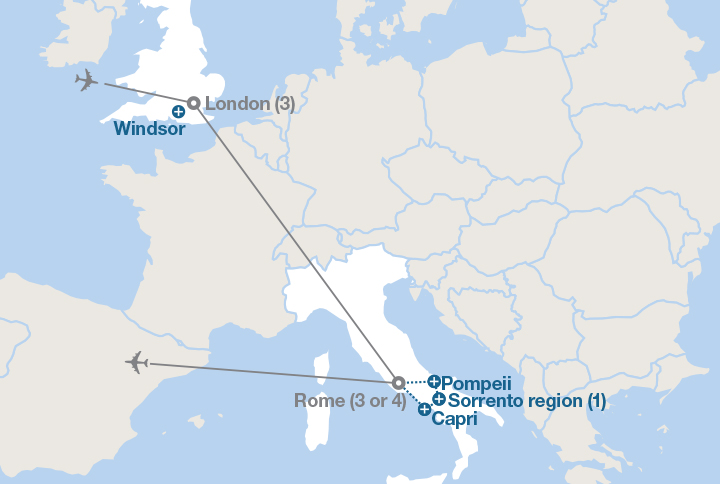 Image displaying map describing the itinerary of the London and Rome tour