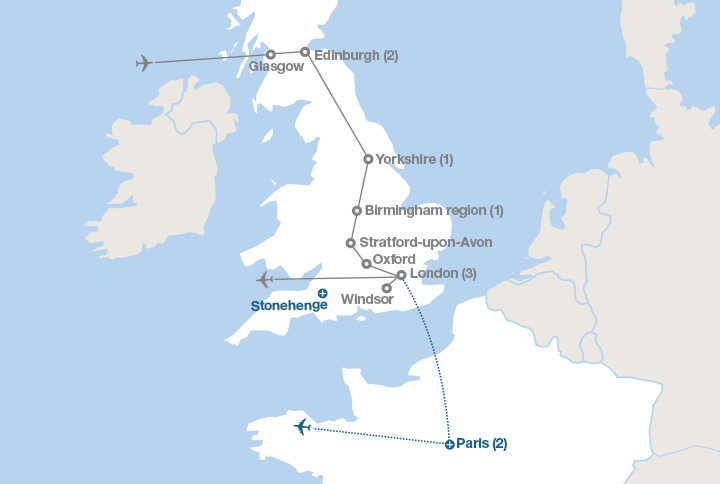 Image displaying map describing the itinerary of the England & Scotland tour