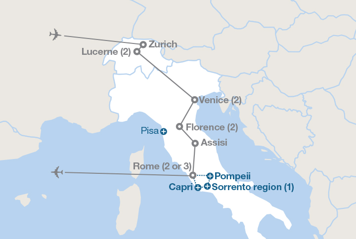 Image displaying map describing the itinerary of the Switzerland and Italy tour
