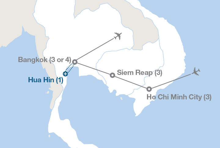 Image displaying map describing the itinerary of the Thailand, Cambodia and Vietnam tour