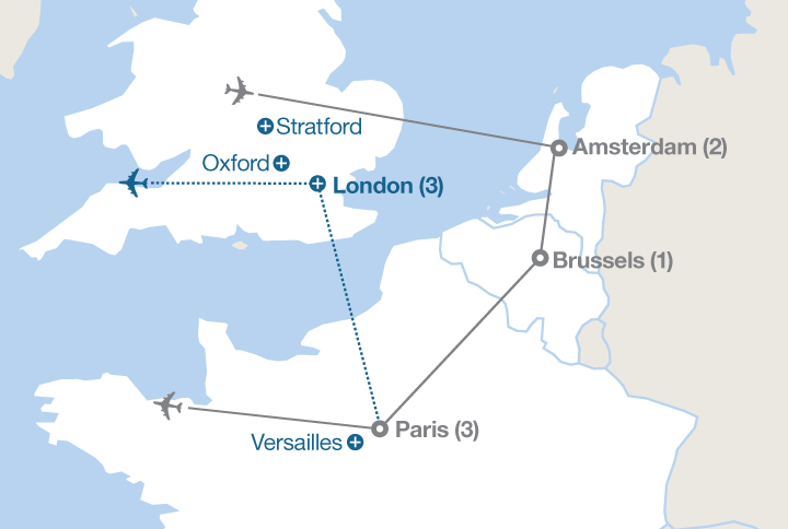 Image displaying map describing the itinerary of the Amsterdam and Paris  tour
