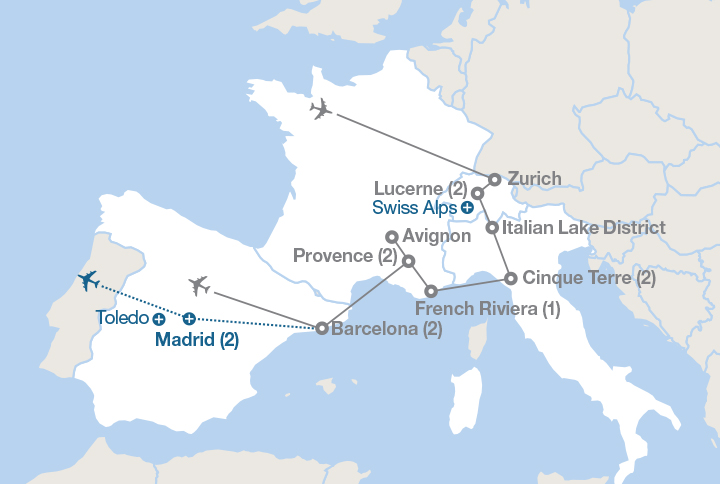 Image displaying map describing the itinerary of the The Alps, Provence and the Mediterranean Coast tour