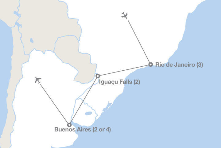 Image displaying map describing the itinerary of the Brazil & Argentina  tour