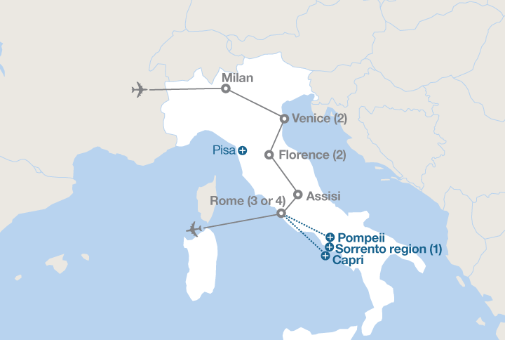 Image displaying map describing the itinerary of the Bell’Italia  tour