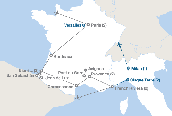 Image displaying map describing the itinerary of the French Promenade tour
