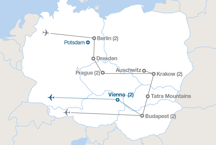 Image displaying map describing the itinerary of the Berlin, Prague, Krakow & Budapest tour