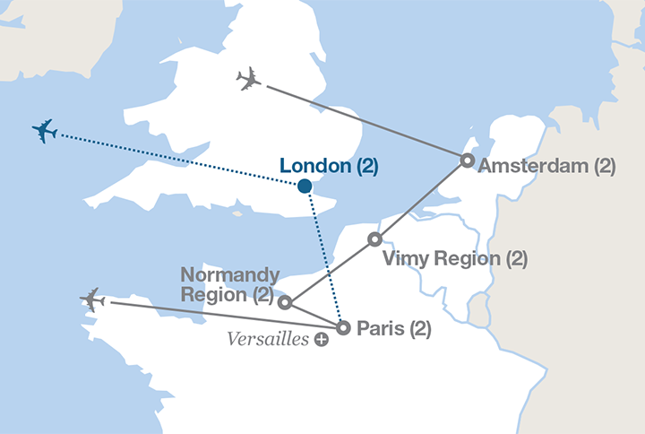 Image displaying map describing the itinerary of the Canada's Battlefields tour