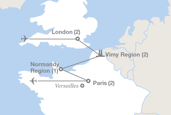 Image displaying map describing the itinerary of the In Their Footsteps tour