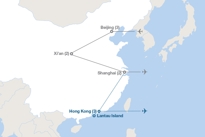 Image displaying map describing the itinerary of the China: Beijing, Xi'an and Shanghai tour