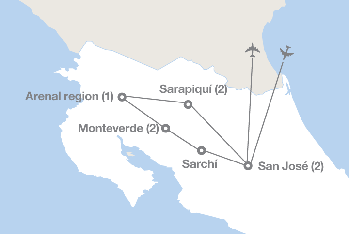 Image displaying map describing the itinerary of the Costa Rican Explorer tour