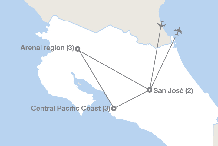 Image displaying map describing the itinerary of the Conservation in Costa Rica tour