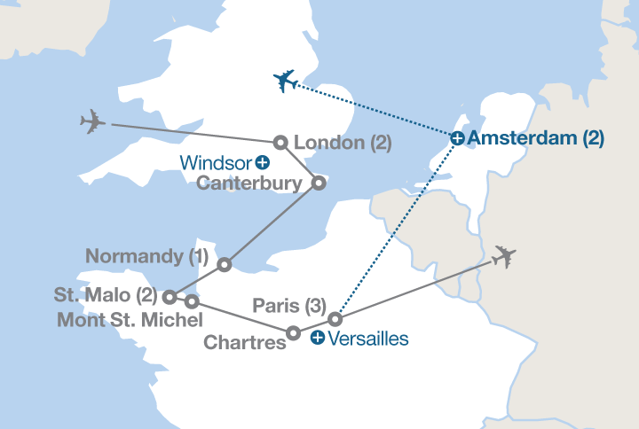 Image displaying map describing the itinerary of the England & France tour
